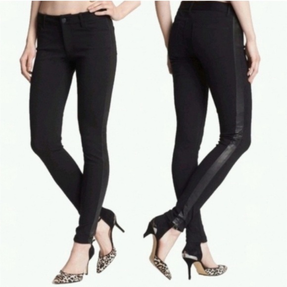 Paige Black Skinny Pants with Leather Tuxedo Stripe - Picture 1 of 13